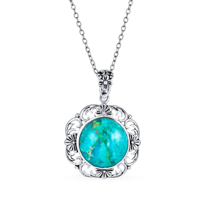Octagon Turquoise Gemstone Filigree Pendant Western Necklace Silver