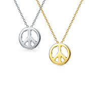Set of 2 Minimalist World Peace Sign Pendant Necklace Gold Plated Silver
