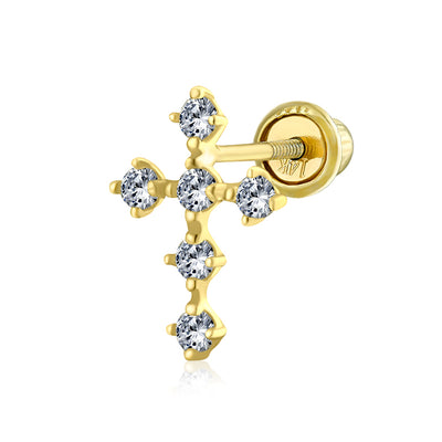 Religious Christian CZ Cross Cartilage 1 Piece Earring Real 14K Gold