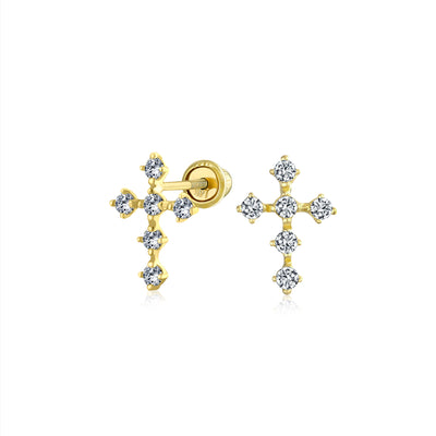 14K Yellow Gold CZ Stud Earrings with Tiny Clear Cubic Zirconia Cross Design