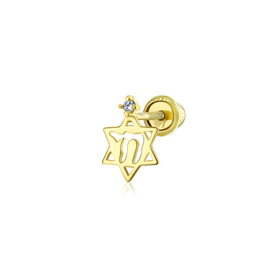 Tiny Petite Judaic Cartilage Ear Stud CZ 14K Gold Chai Life Star of David Earring