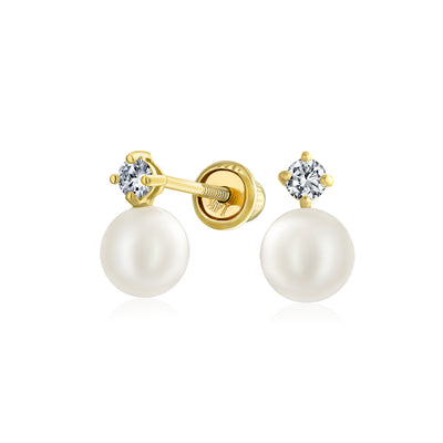 Traditional Tiny CZ Stud Earrings 10K Gold 5MM White Freshwater Pearl June Birthstone