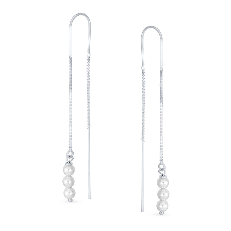 Long Faux White Pearl Threader Earrings .925 Silver Chain U Hook Wire