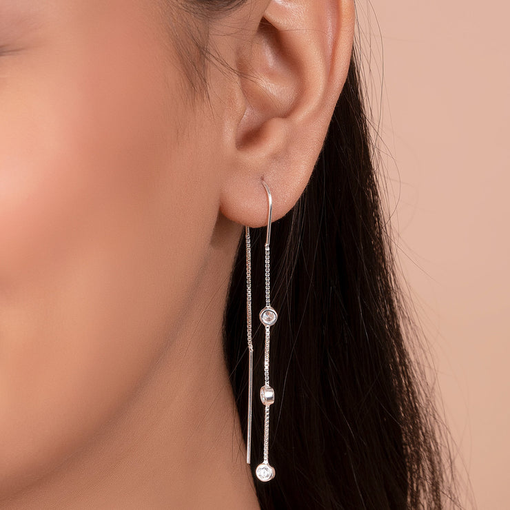 Classic Minimalist Dangle Chandelier Earrings with CZ in Sterling Silver Linear Design