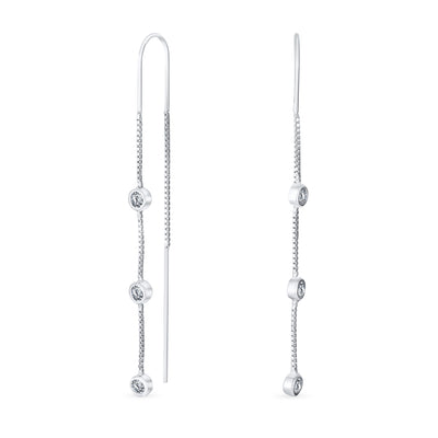 Dangling Chain 3 CZ Circles Threader Earrings .925Sterling Silver