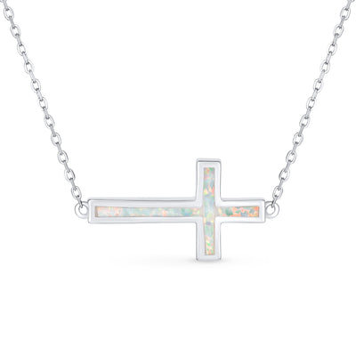 White Opal Inlay Sideways Cross Necklace Pendant Sterling Silver