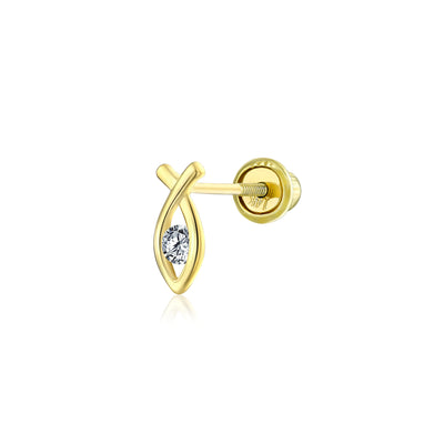 Ichthus Jesus Fish Cartilage 1 Piece Earrings CZ 14K Gold Screwback