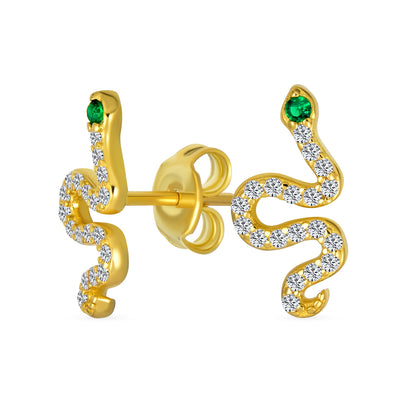 CZ Pave Egyptian Green Eyed Serpent Snake Stud Earrings 14K  Gold Plated Silver