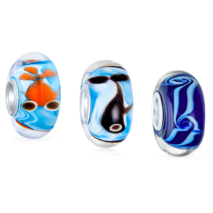 Wave Fish Whale Murano Glass Bead Charm Bundle Set .925 Sterling Silver