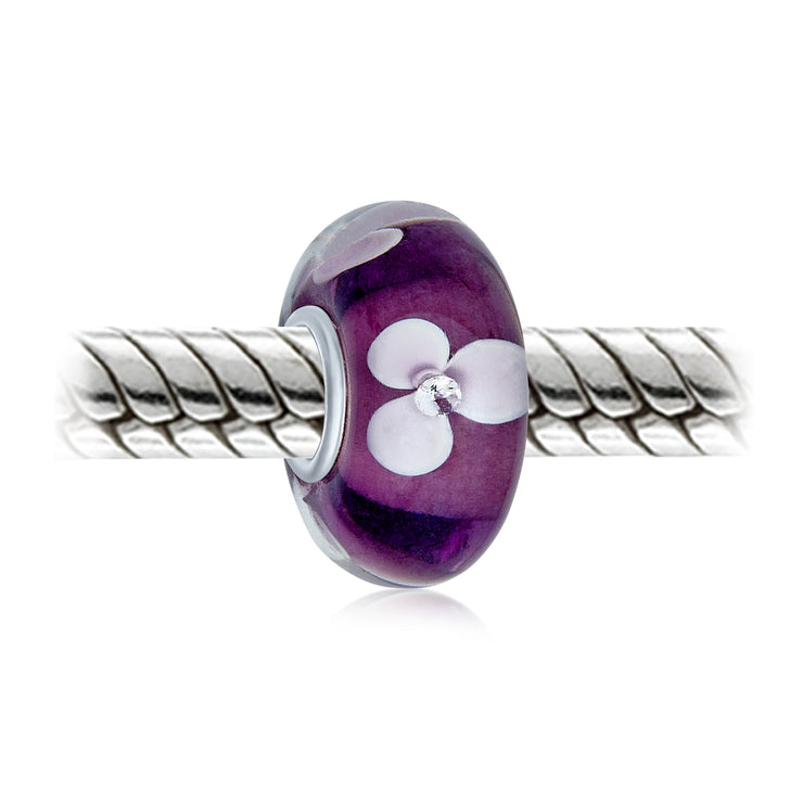 Set of 4 White Purple Flower Murano Glass Spacer Charm Bead Sterling Silver Core
