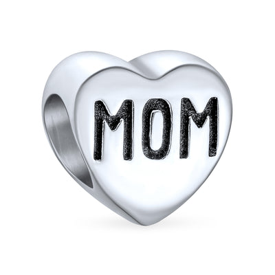 Mother Heart Love Mom Charm Bead in Sterling Silver for European Bracelets