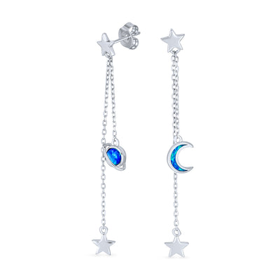 Elegant Celestial Crescent Moon Dangle Gemstone Earrings Blue Opal & Silver