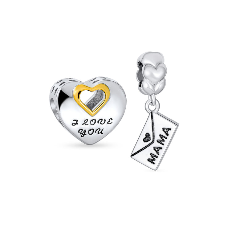 Set of 2 Envelope Heart MAMA Dangle Open Heart I Love You Bead Charm Gold Plated