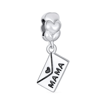 Letter Envelope Mother Heart Word MAMA Dangle Bead Charm .925 Silver