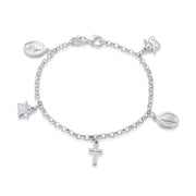 Crosses Virgin Mary Cherub Dangle Charm Anklet .925 Sterling Silver