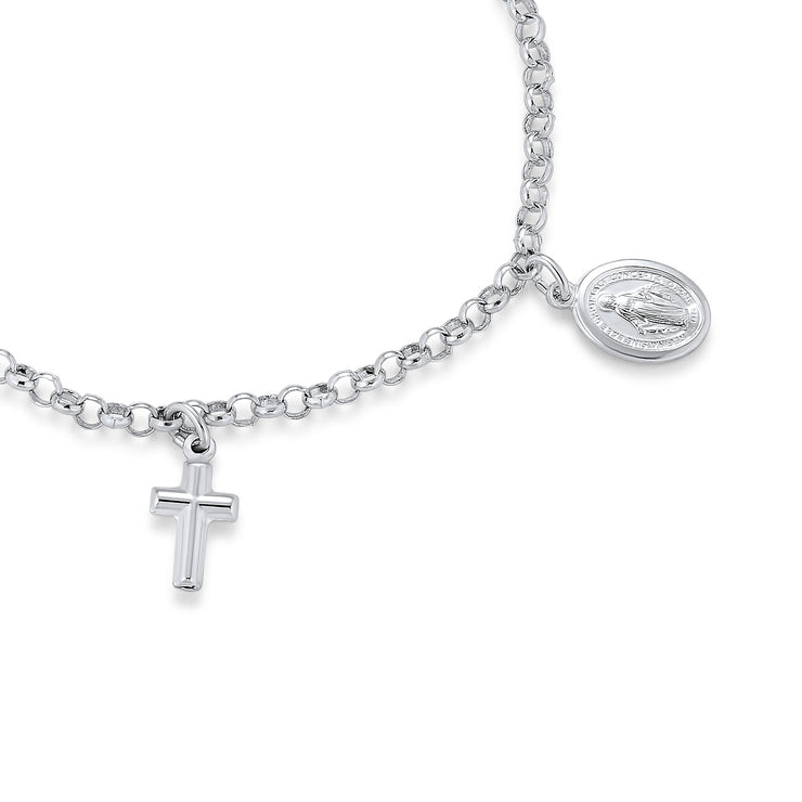 Crosses Virgin Mary Cherub Dangle Charm Anklet .925 Sterling Silver