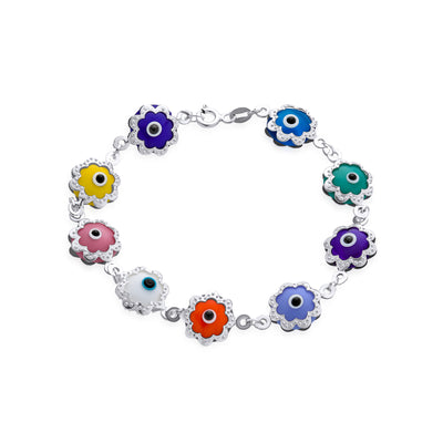 Happy Multi Color Flower Evil Eyes Bracelet .925 Silver 7.5"