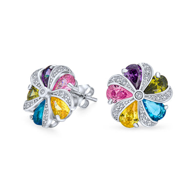 Multicolor Teardrop CZ Flower Stud Earrings 925 Sterling Silver