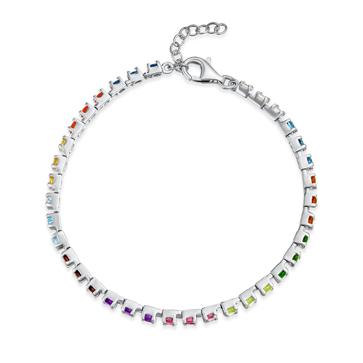 Romantic Multicolor Gemstone Heart Tennis Bracelet in Sterling Silver 7 Inch