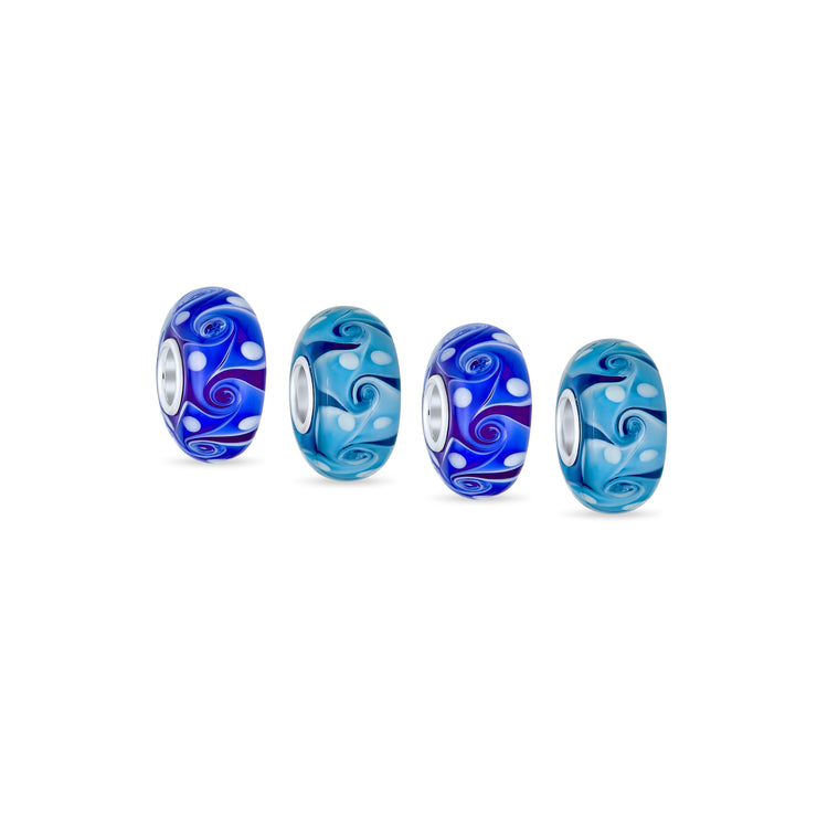 Set of 4 Murano Glass Charm Bead Blue Aqua Wave Swirl Spacer Silver Core