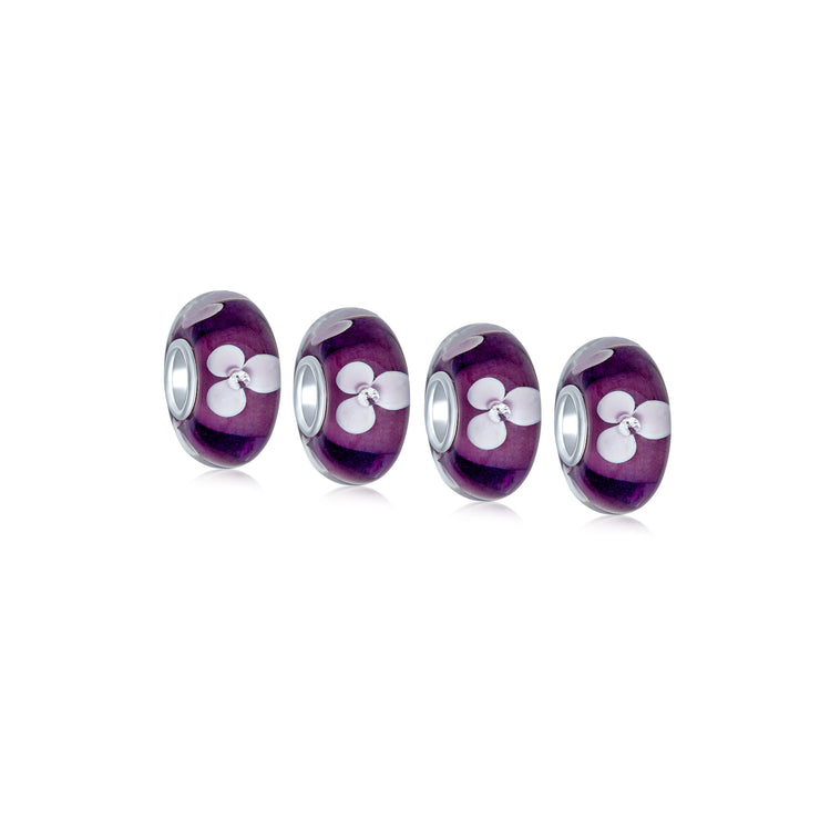 Set of 4 White Purple Flower Murano Glass Spacer Charm Bead Sterling Silver Core
