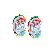 Set of 2 Murano Glass Charm Bead Multi-Color Flower Fits European Bracelet