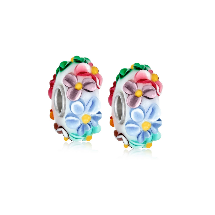 Set of 2 Murano Glass Charm Bead Multi-Color Flower Fits European Bracelet