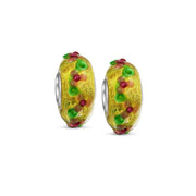 Set of 2 Multi-Color Gold Foil Murano Glass Charm Bead 3D Lampwork Flower Silver