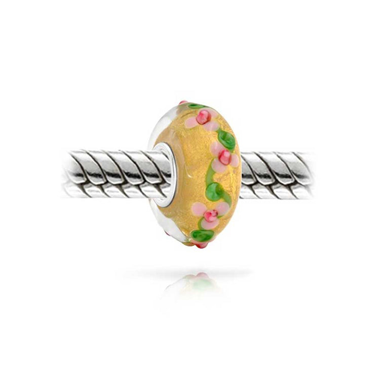 Set of 2 Multi-Color Gold Foil Murano Glass Charm Bead 3D Lampwork Flower Silver