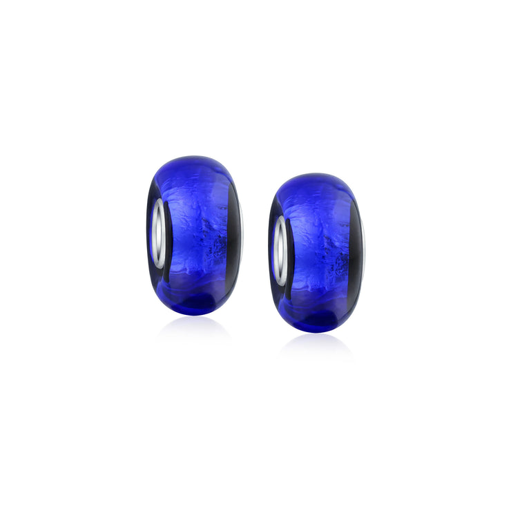 Set of 2 Navy Blue Foil Murano Glass Glass Charm Bead with Sterling Silver Core