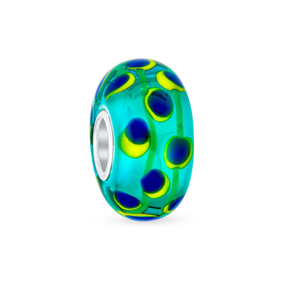 Glass Charm Bead Murano Green Yellow Spotted Circles Sterling Silver Core Spacer