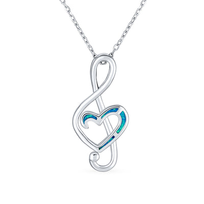 Musical Blue Opal Heart Treble Clef Pendant Necklace in Sterling Silver