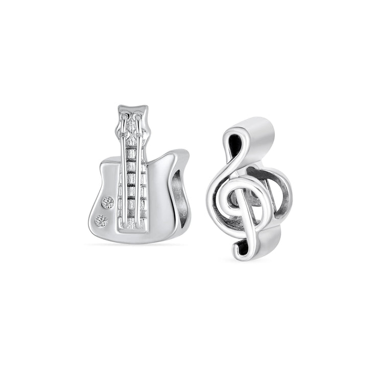 Set of 2 Music Notes G Clef & Electric Guitar Charm Bead Sterling Silver