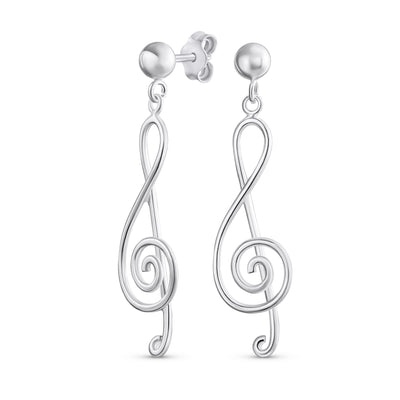 Musical Music Treble Clef Note Large Dangle Stud Earrings  .925 Sterling Silver