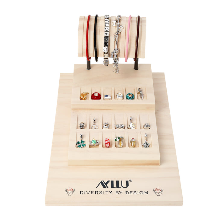 Wood 2-Tier Charm Bead, Ring, Stud Earring Organizer Fixture Jewelry
