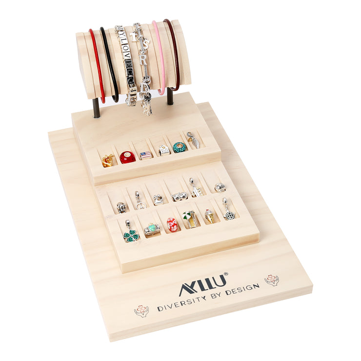 Wood 2-Tier Charm Bead, Ring, Stud Earring Organizer Fixture Jewelry