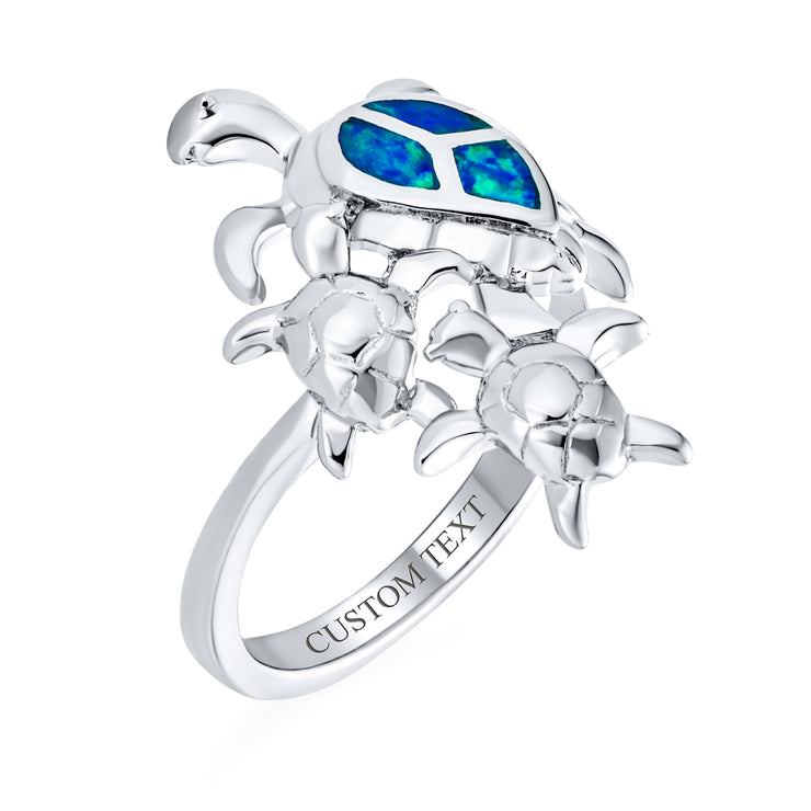 Blue Mom Child Opal Inlay Family Sea Turtle Ring .925Sterling Silver