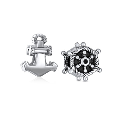 Set of 2 Nautical Boat Ship Wheel and Anchor Rope Charm Bead Sterling Silver
