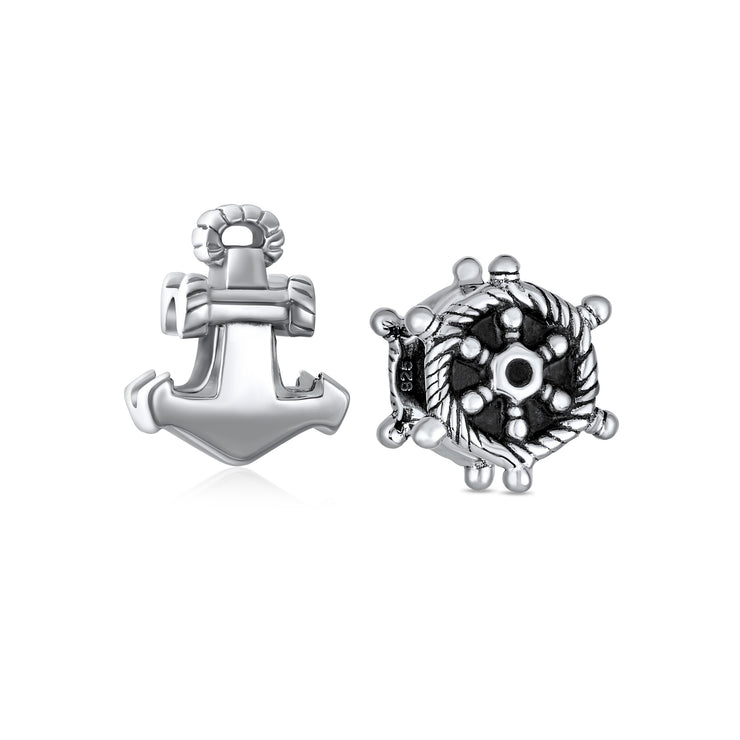 Set of 2 Nautical Boat Ship Wheel and Anchor Rope Charm Bead Sterling Silver