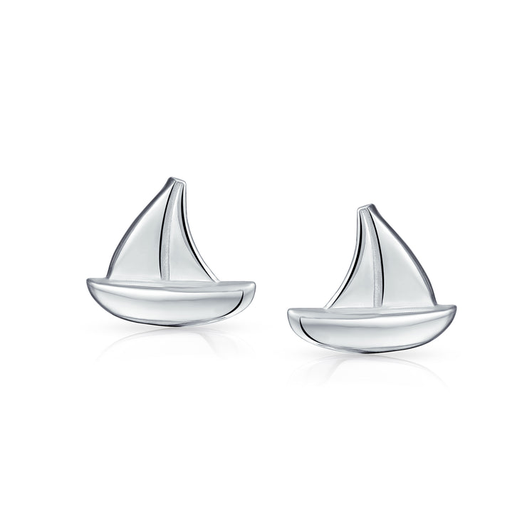 Set of 2 Small Nautical Sail Boat and Ship Wheel Stud Earrings Sterling Silver