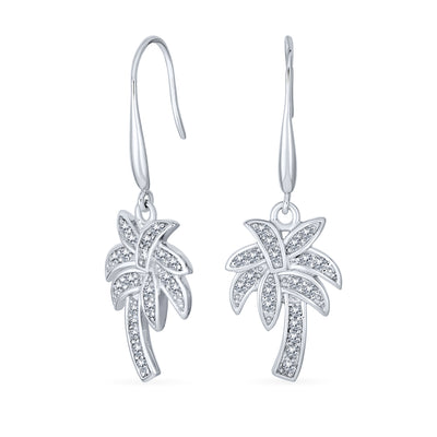 Nautical Beach CZ Palm Tree Dangle Chandelier Earrings in Sterling Silver