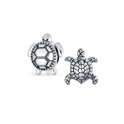 Set of 2 Oval Round Nautical Sea Turtle Charm Bead in Oxidized Sterling Silver