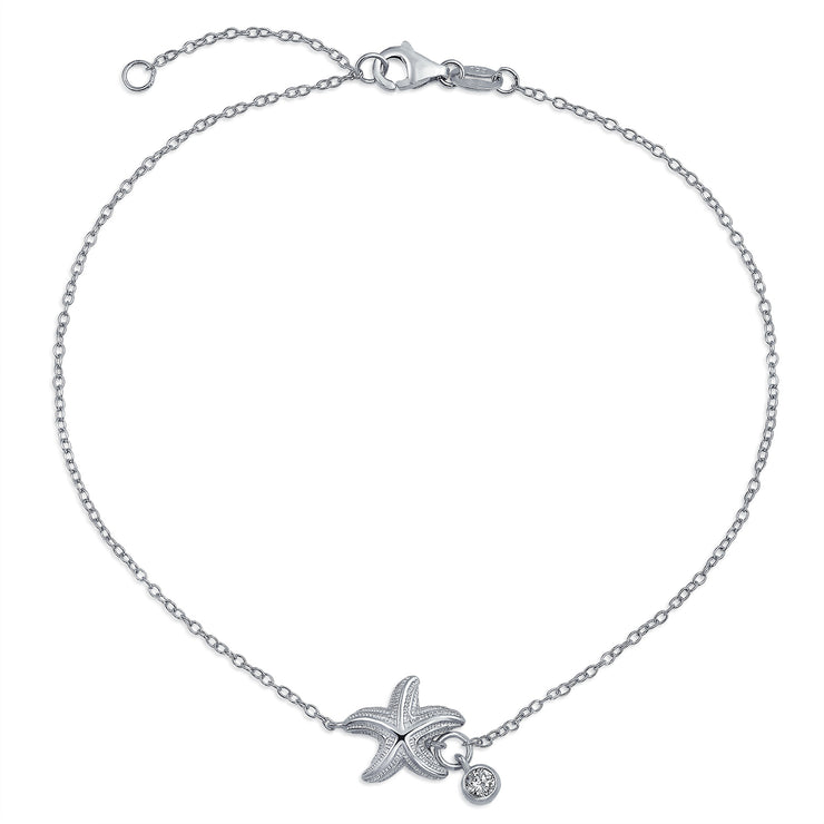Nautical Starfish CZ Anklet .925 Sterling Silver 9 to 10 Inch Extender