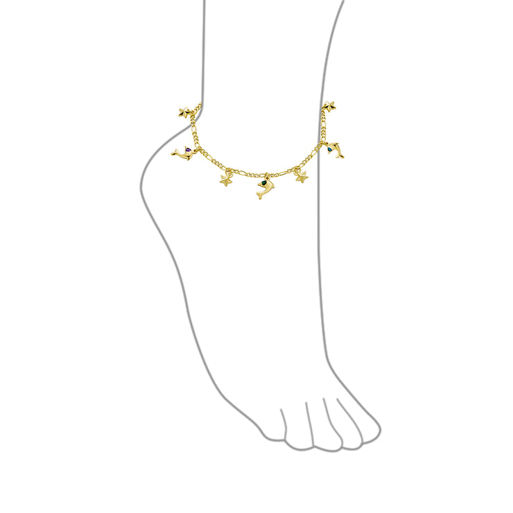 Nautical Stars Dolphins Anklet Figaro Chain Ankle Bracelet Gold Plated