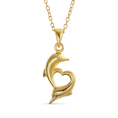 Nautical Heart Dolphins Charm Pendant Necklace in 14K Gold Plated Silver