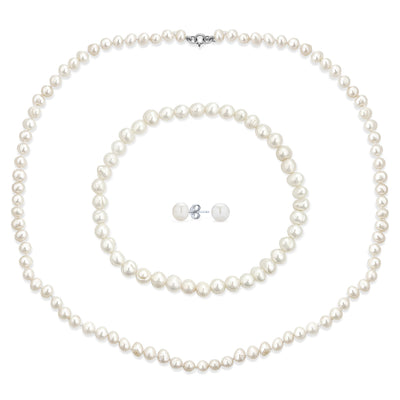 White Freshwater Pearl Necklace Bracelet & Earrings 3PCS Jewelry Set 18 Inch