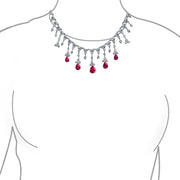 Bridal Red CZ Tear Dangle Imitation Ruby Statement Necklace Silver
