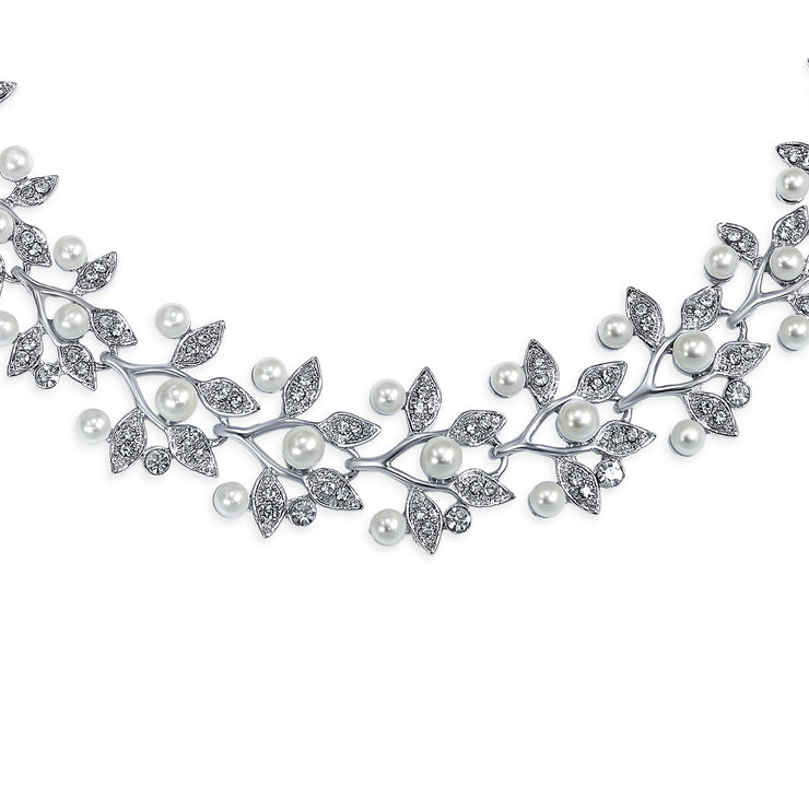 Vintage Bridal Leaf Statement Necklace Earrings Imitation Pearl Set
