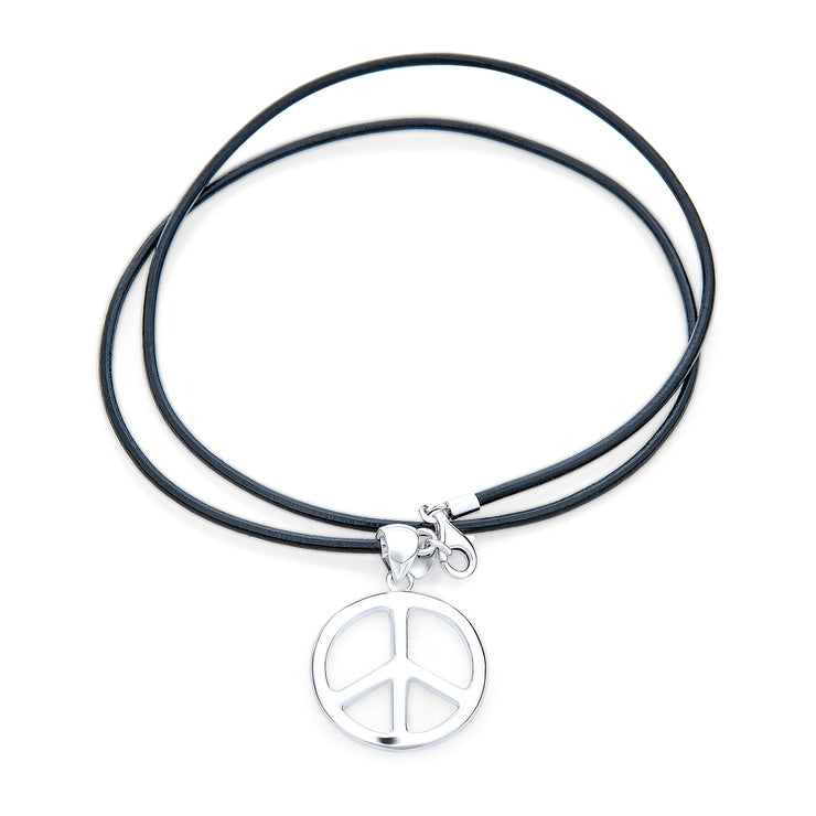 Large Peace Pendant Necklace Black Leather Cord .925 Sterling Silver