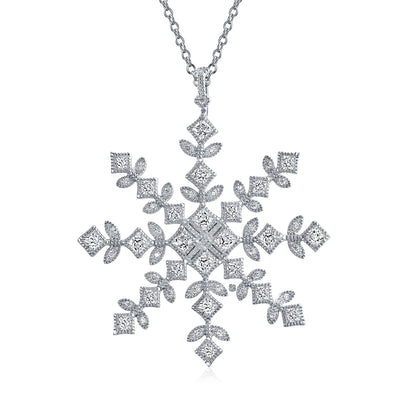 Winter Holiday Snowflake Pendant Necklace in Sterling Silver for Parties